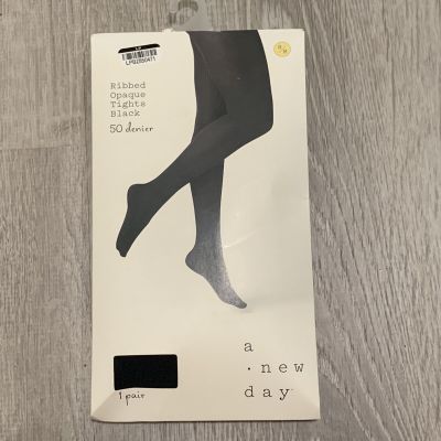 A New Day Tights sz S/M Black Ribbed Opaque 50 Denier One Pair Career Casual New